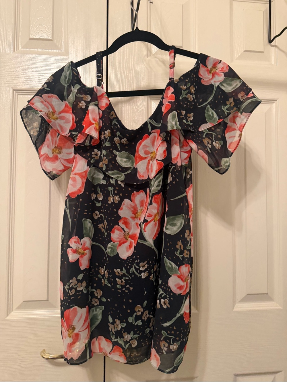 CAbi Black Floral Ruffle Cold-Shoulder Top
